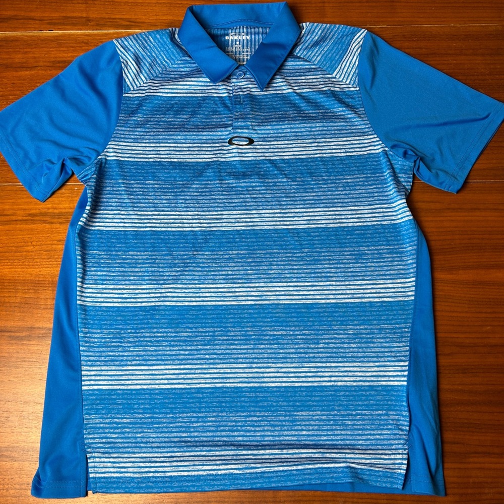 Oakley Hydrolix Mens Blue Striped Golf Polo Shirt Regular Fit Medium RN96548
